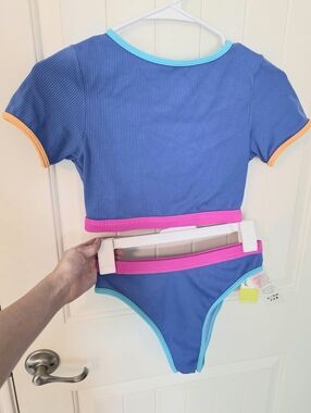 Free People Movement Oneone Blue Ribbed Cropped Set Size Med NWT
